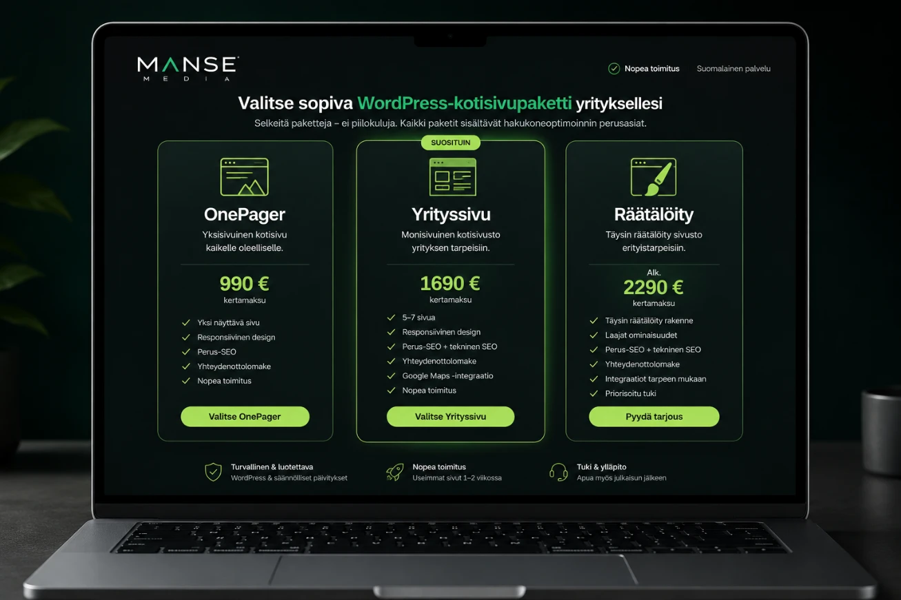 WordPress kotisivut hinta ja Manse Median kolme kotisivupakettia läppärin näytöllä