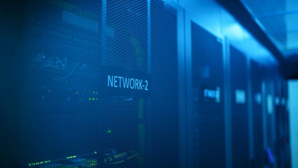 Webhotellin palvelintila ja verkkolaitteet sinisessä valaistuksessa