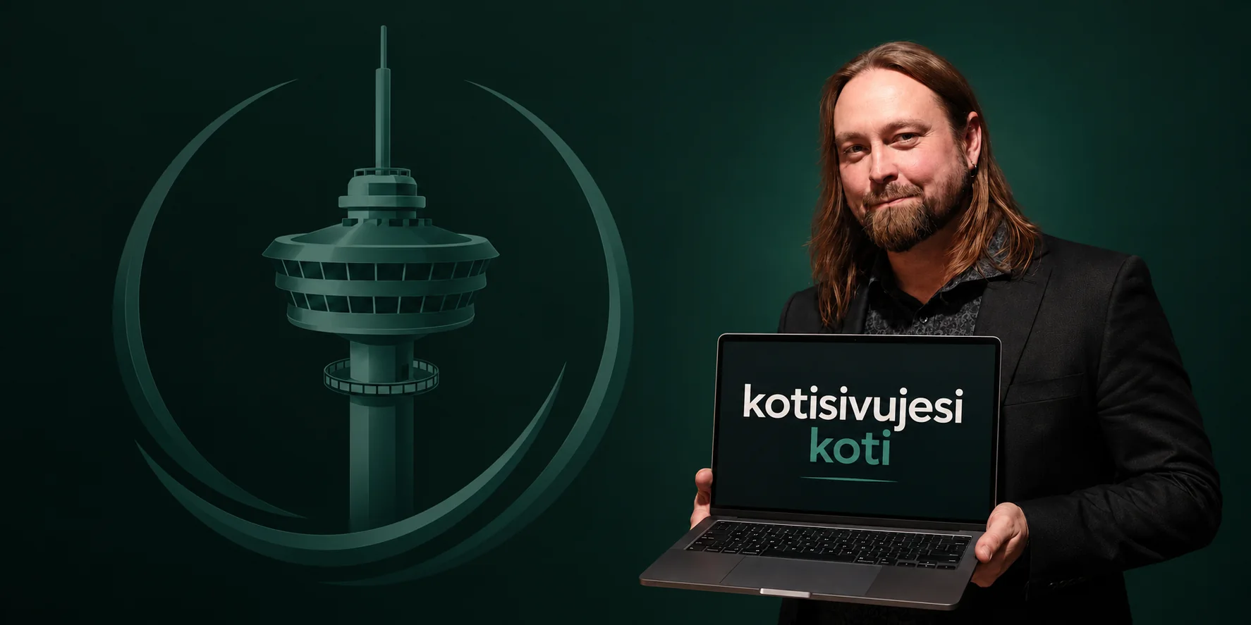 Marek Rehn, Manse Median yrittäjä, esittelee kotisivut yritykselle -palvelua kannettavan kanssa Näsinneula-tornin edessä Tampereella